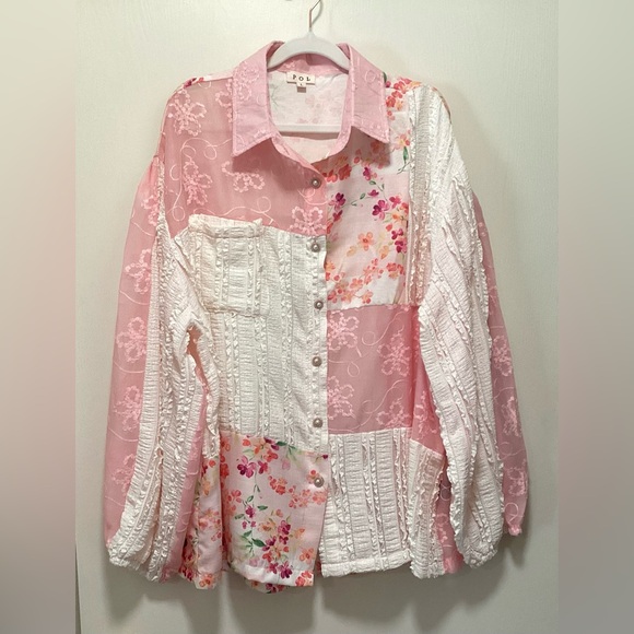 POL Tops - POL Mixed Fabric Floral Pink & White Button-Up Shirt